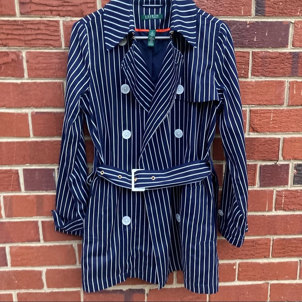 Lauren Ralph Lauren Navy white stripes 100% cotton belted trench pea coat